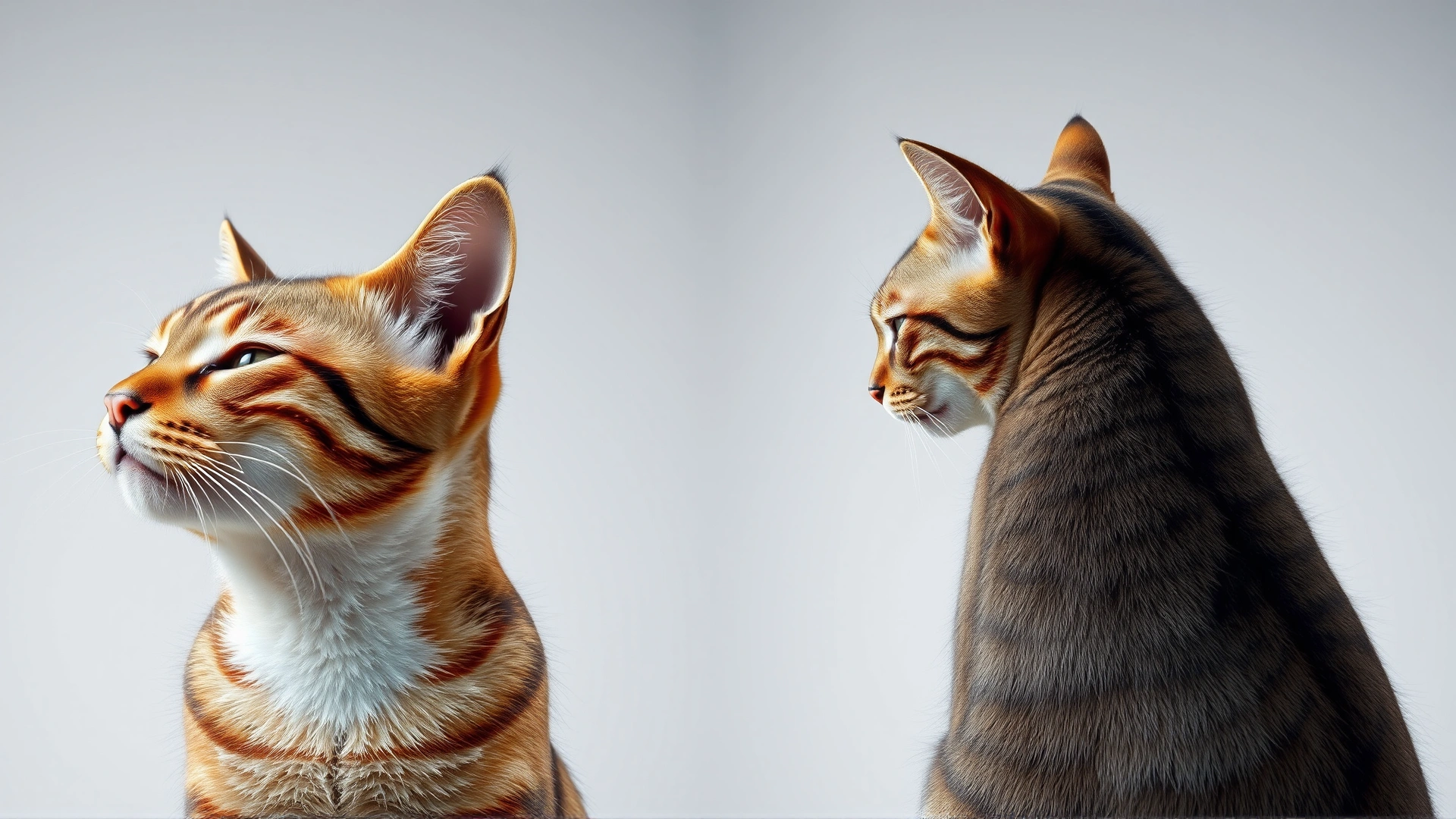 Digital art split image showing the same cat in a relaxed posture on one side and in a fearful posture with flattened ears and arched back on the other side, plain background, no text.