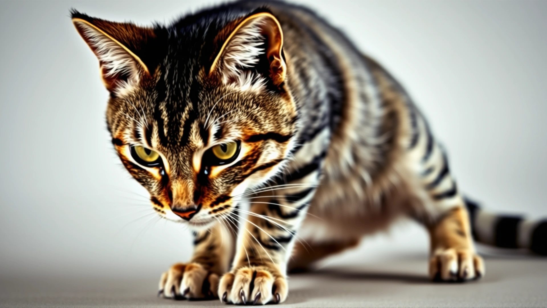 Domestic short-haired tabby cat crouching with flattened ears and dilated pupils, tail tucked, illustrating stressed body language.