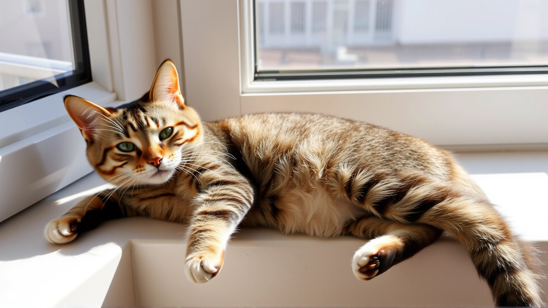 Wide shot of a domestic cat stretching comfortably on a sunny windowsill, relaxed body posture demonstrating calm body language