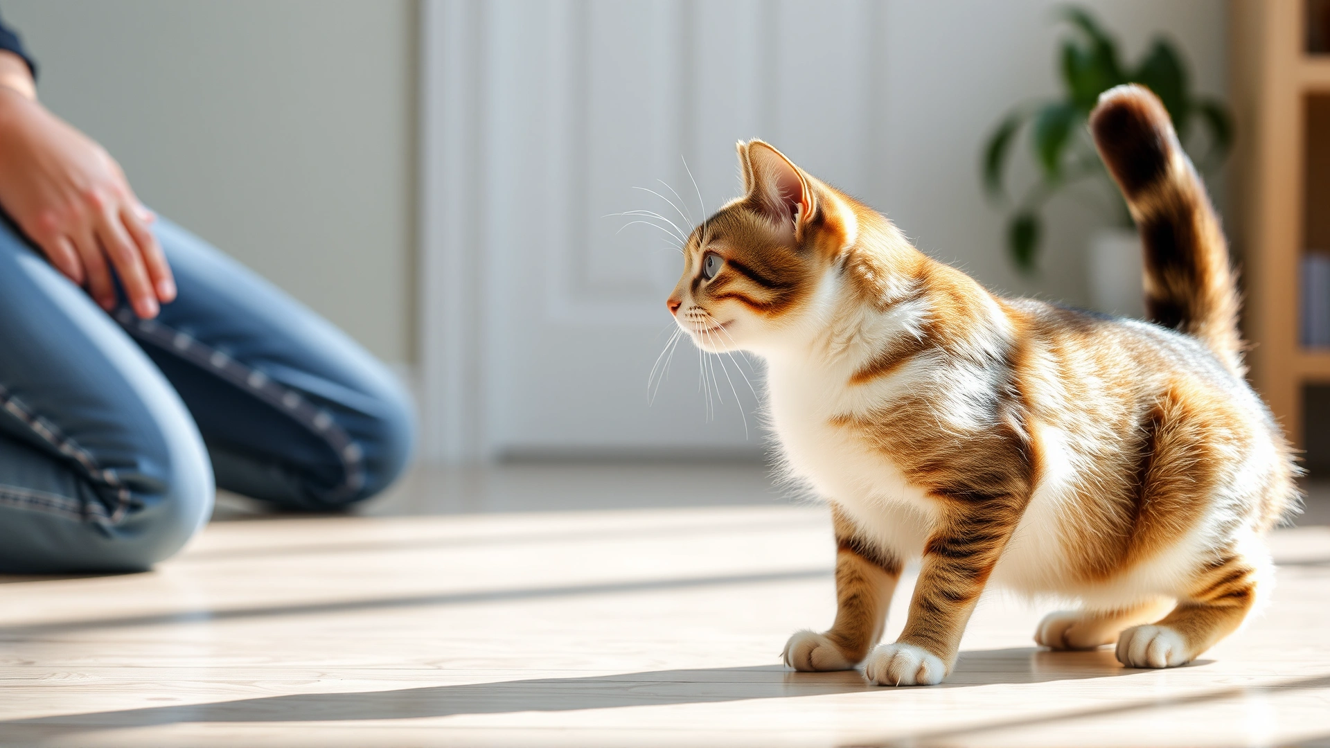 A relaxed cat approaching its kneeling owner with tail up, illustrating positive body language, sunlit indoor scene