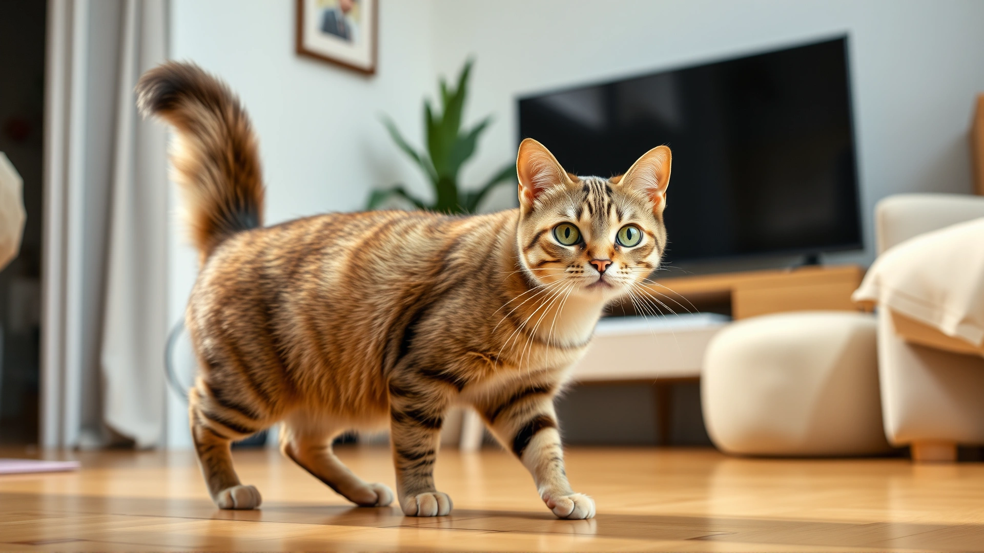 Relaxed domestic cat with upright tail walking toward camera to greet human, bright living room