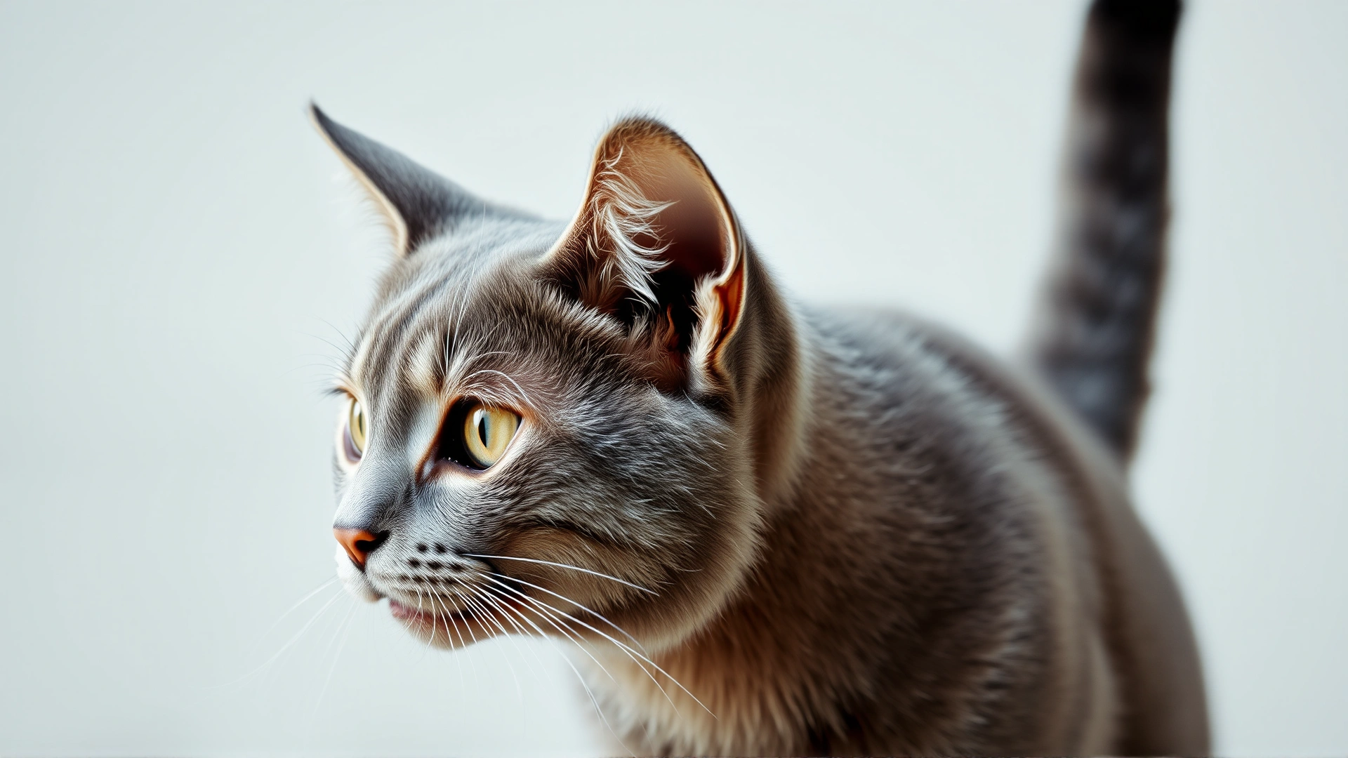 Close-up composite-style shot of a gray cat showing warning body language—ears flattened, tail twitching, pupils dilated—on neutral background.