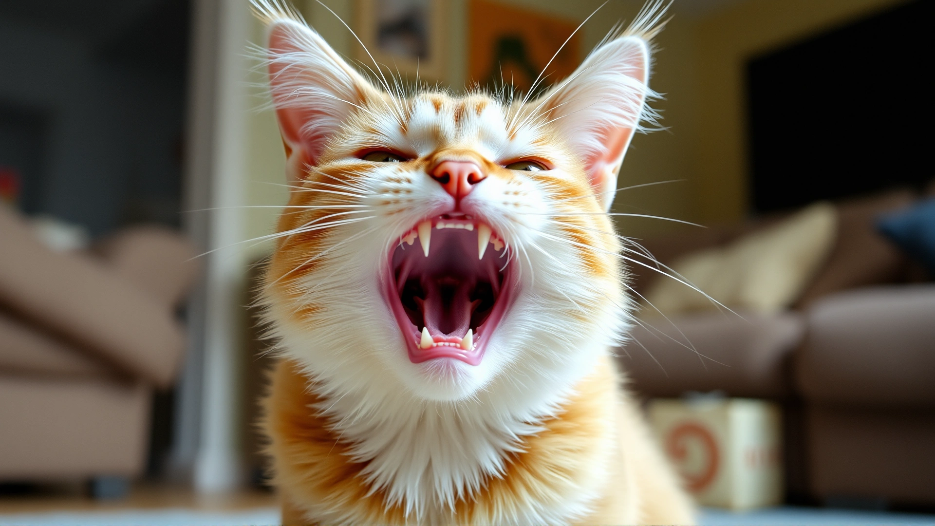 Domestic cat with fur standing on end and arched back, displaying clear aggressive body language in a living-room setting.