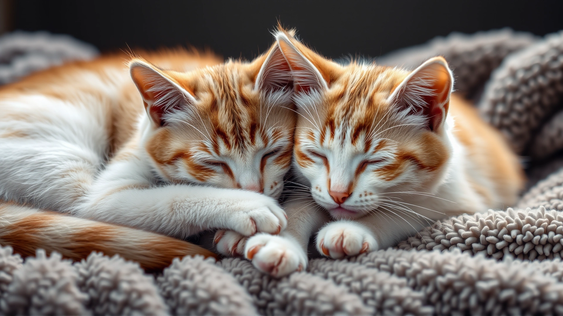 Two FeLV positive cats cuddling together on a plush blanket, illustrating companionship between FeLV cats