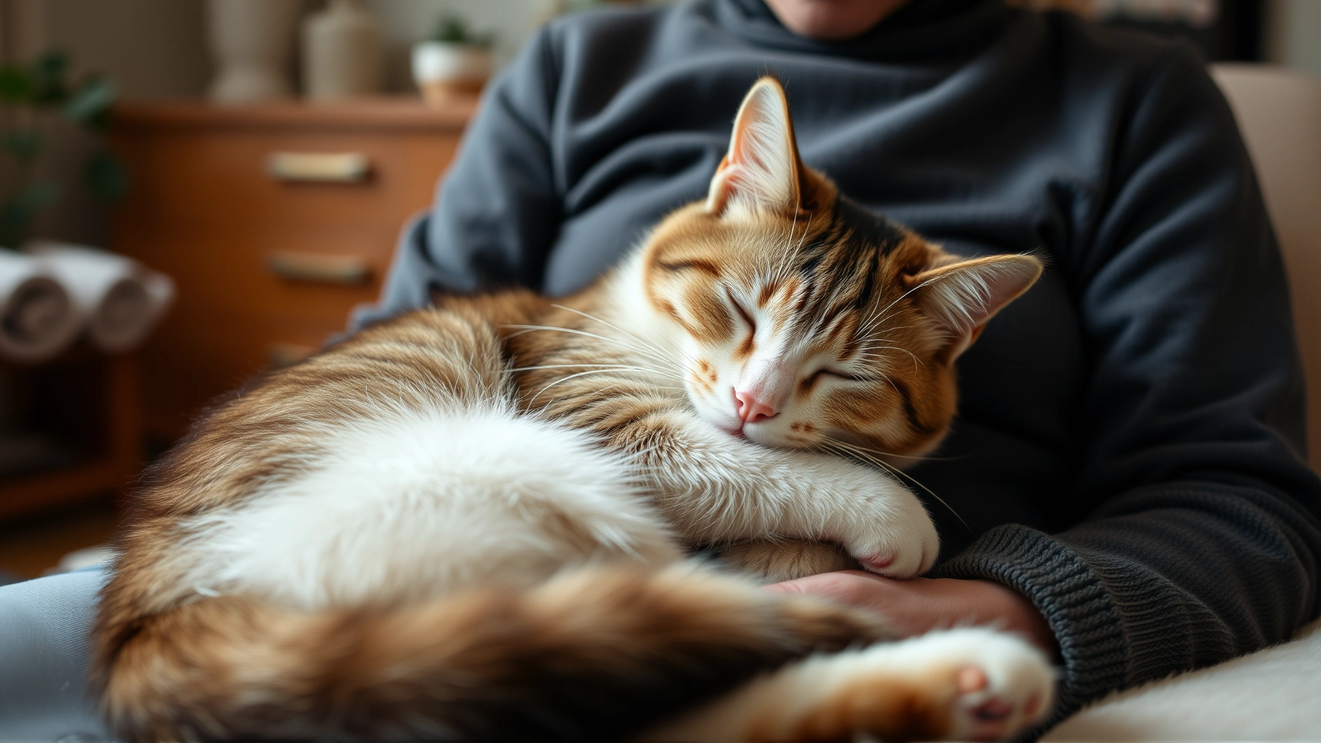 Cat curled up on owner’s lap in a cozy home environment, showing warmth, care, and emotional bonding during recovery