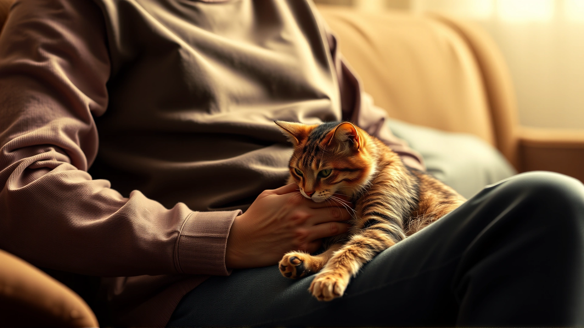 A person sitting on a couch while a relaxed cat kneads their lap, soft warm lighting.