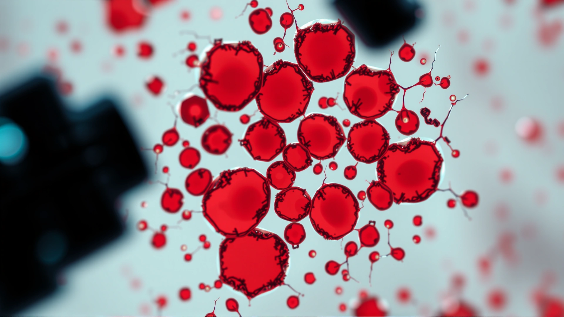 Microscopic view of feline bone marrow cells stained and viewed under a microscope, medical laboratory background