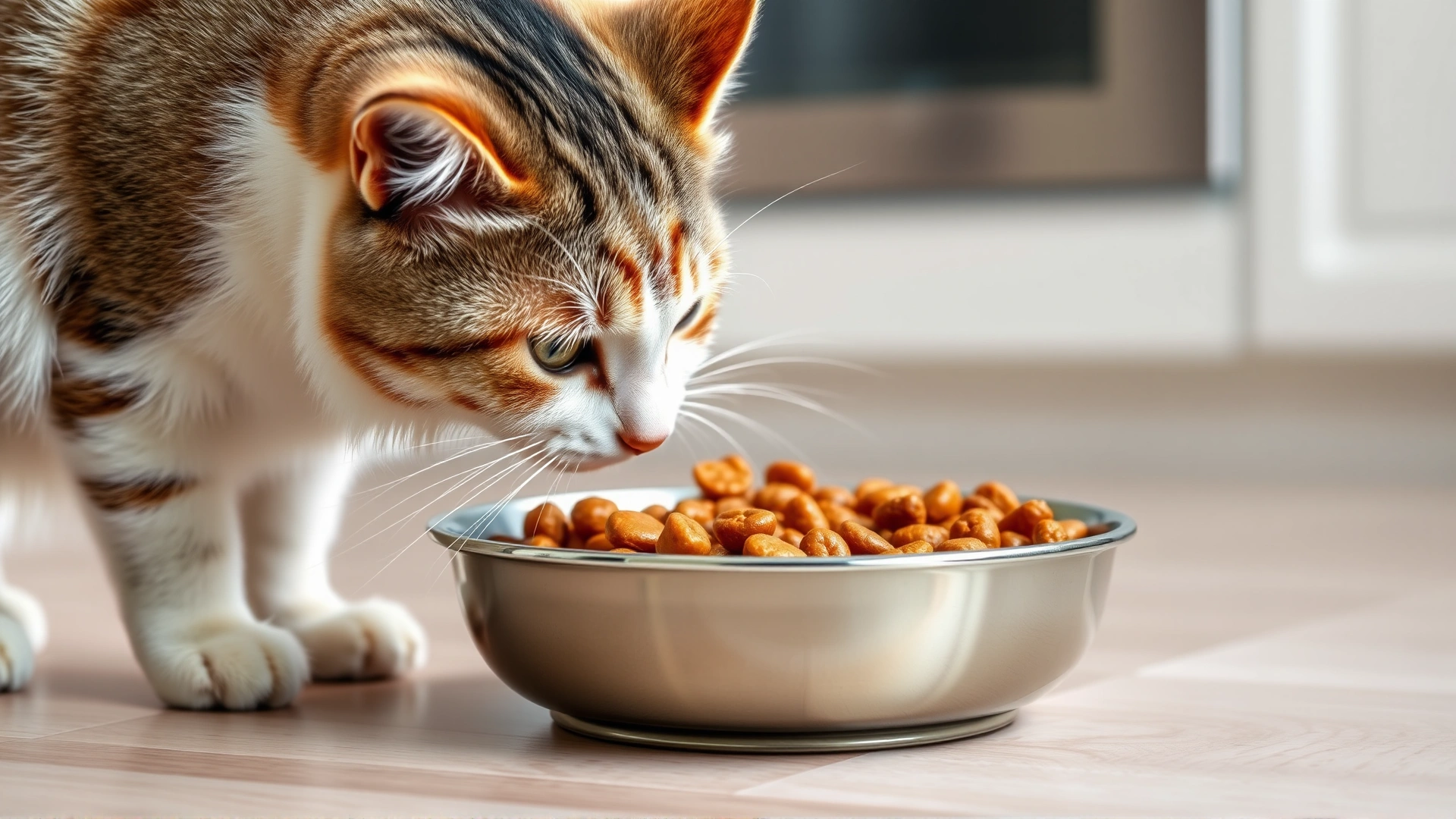 Cat sniffing a bowl of veterinarian-approved wet food, kitchen floor background, healthy diet concept, no text