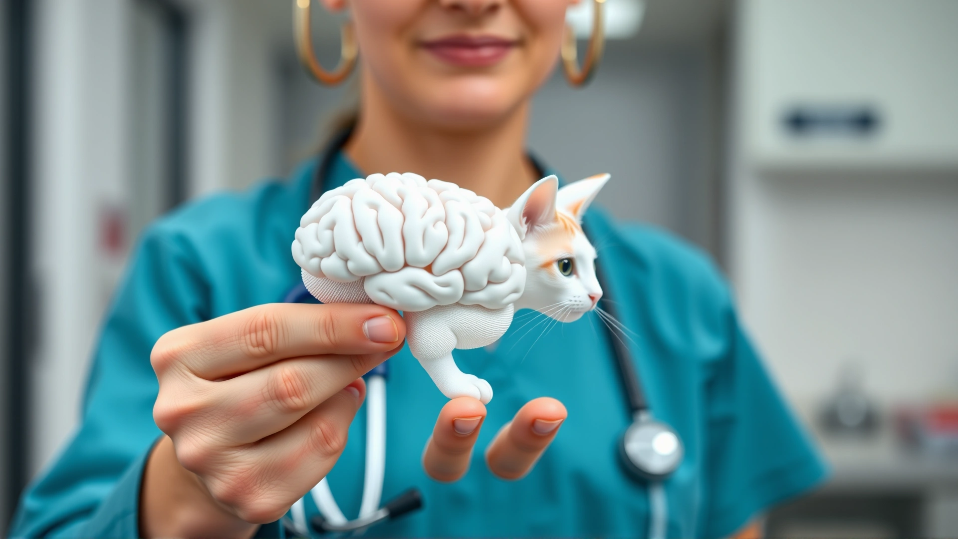 Illustrative photo of a veterinarian holding a simple plastic model of a cat brain in one hand while pointing at it with the other, veterinary clinic background slightly out of focus.