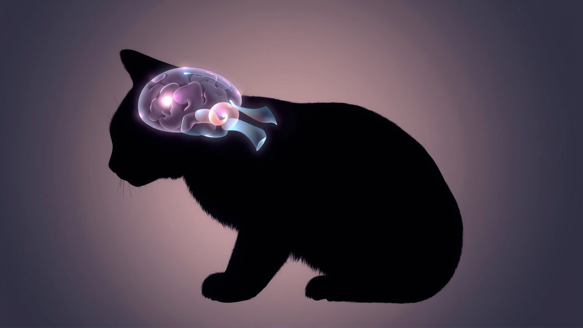 Stylized illustration of a cat silhouette in profile with a semi-transparent glowing brain area highlighted, soft pastel colors, no text.