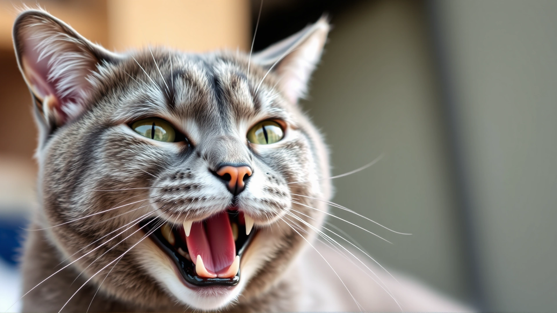 Close-up of a grey cat with mouth slightly open, panting gently; background softly blurred, focus on the cat’s face and chest movement; no text