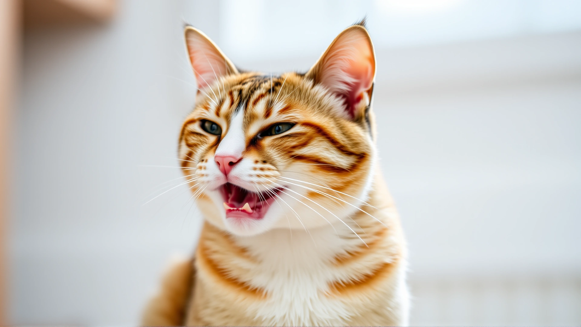 Indoor photo of a domestic short-haired cat sitting upright with its mouth slightly open as if panting, showing subtle chest movement and mild stress, shallow depth of field, no text on image.