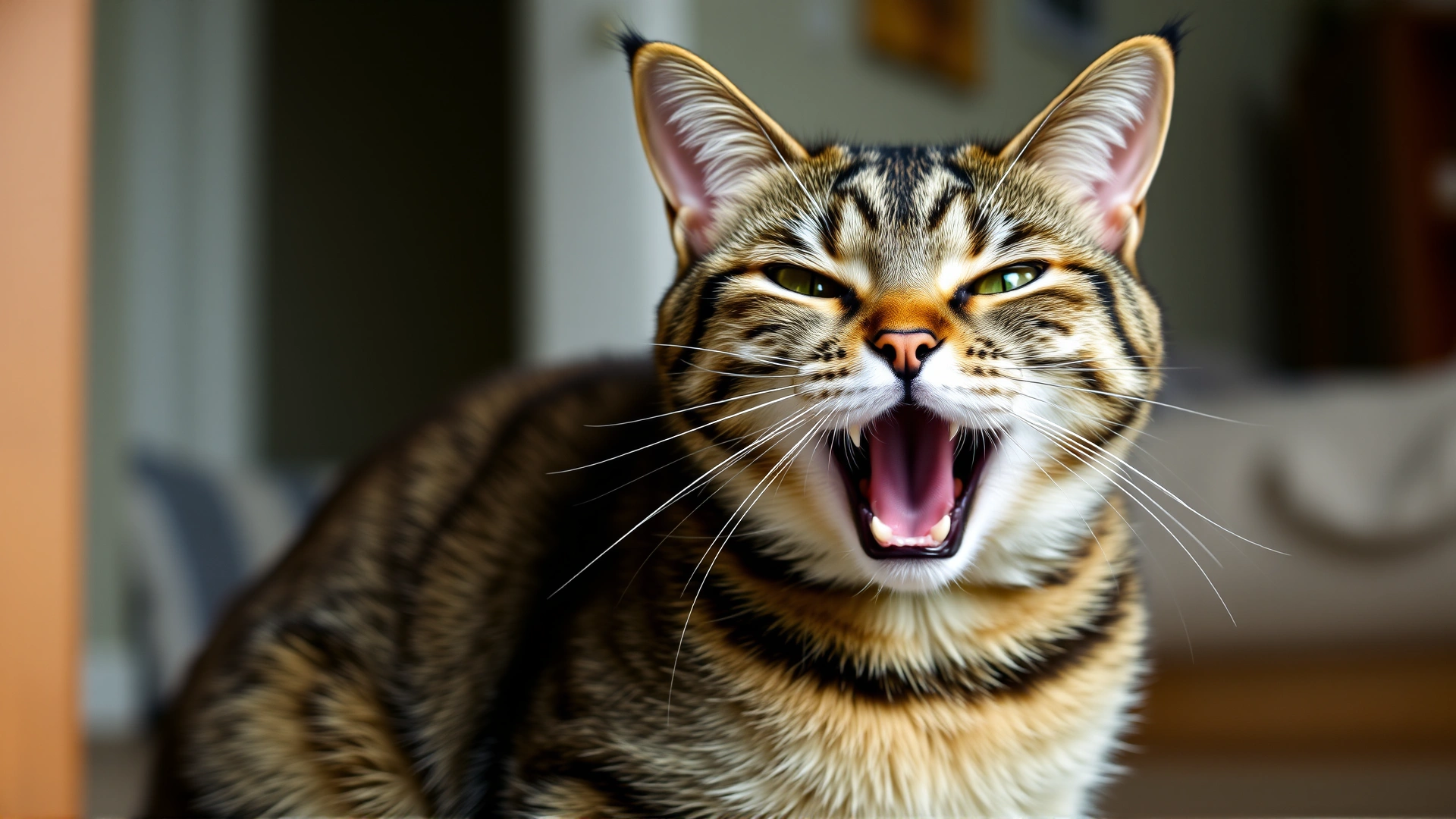 Domestic cat sitting with mouth slightly open and chest moving rapidly to depict labored breathing at home, natural lighting, no text