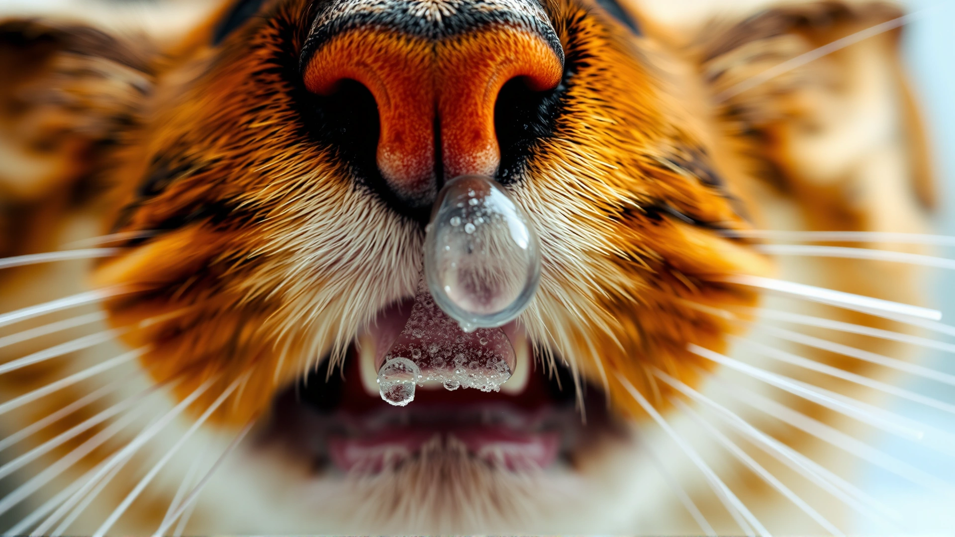 Extreme close-up of a cat’s nose and mouth while slight condensation shows breath in cool air.