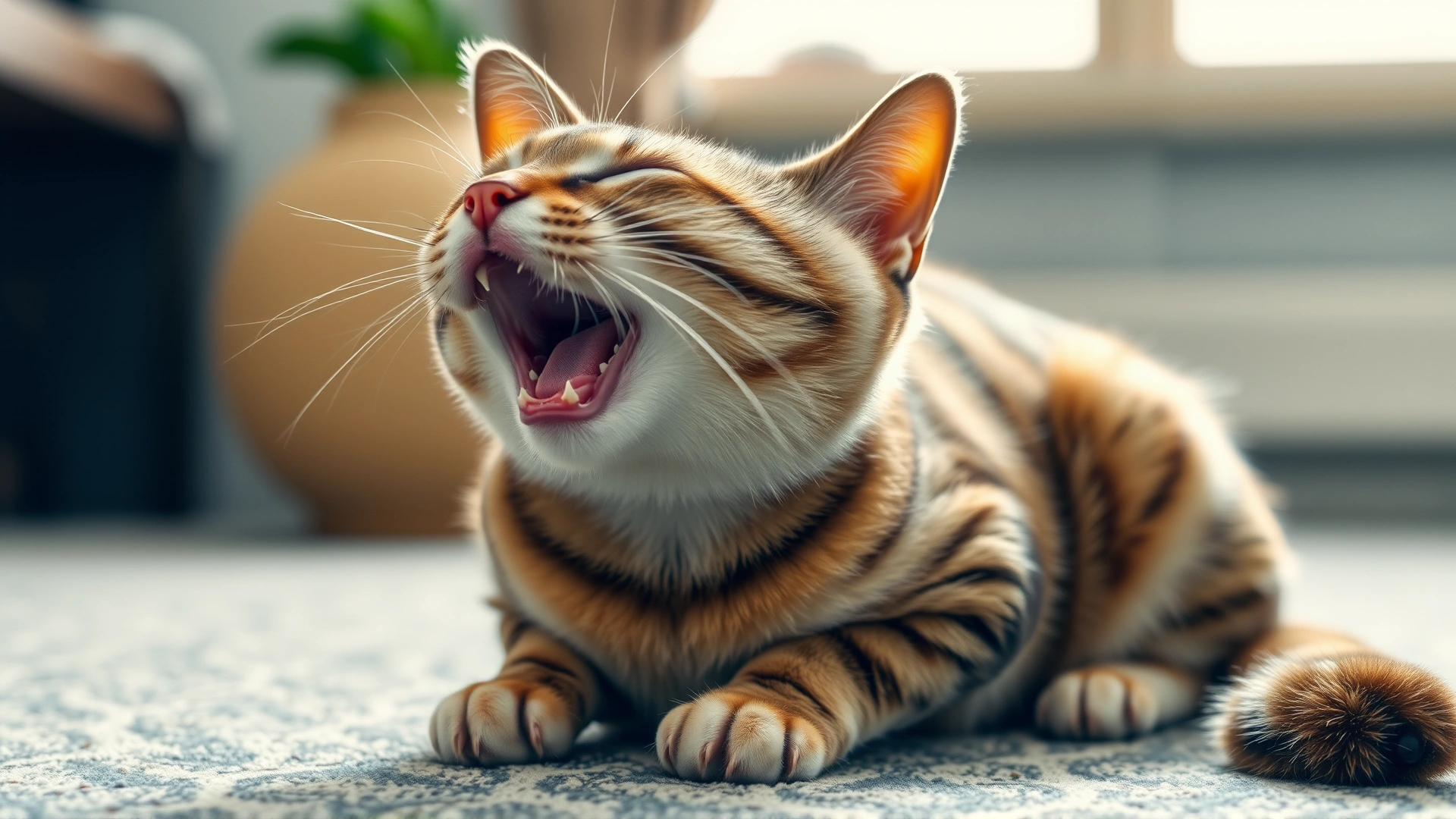 Domestic short-hair cat sitting on the floor with head extended and mouth slightly open, showing labored breathing, indoor setting, no text