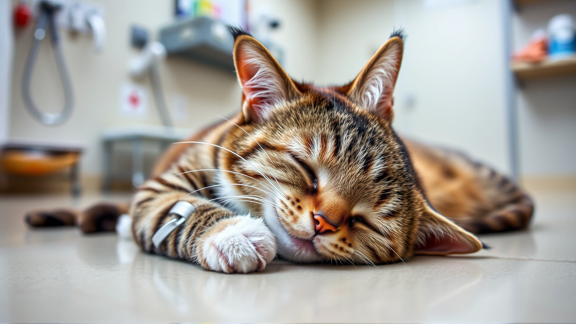 Cat lying on its side exhibiting labored breathing, shallow focus, indoor veterinary clinic