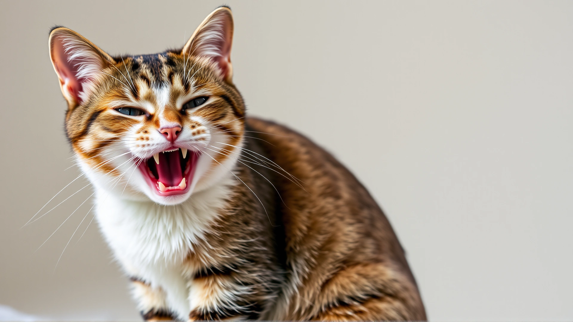 Domestic shorthaired cat sitting with mouth slightly open and labored breathing, conveying respiratory distress.