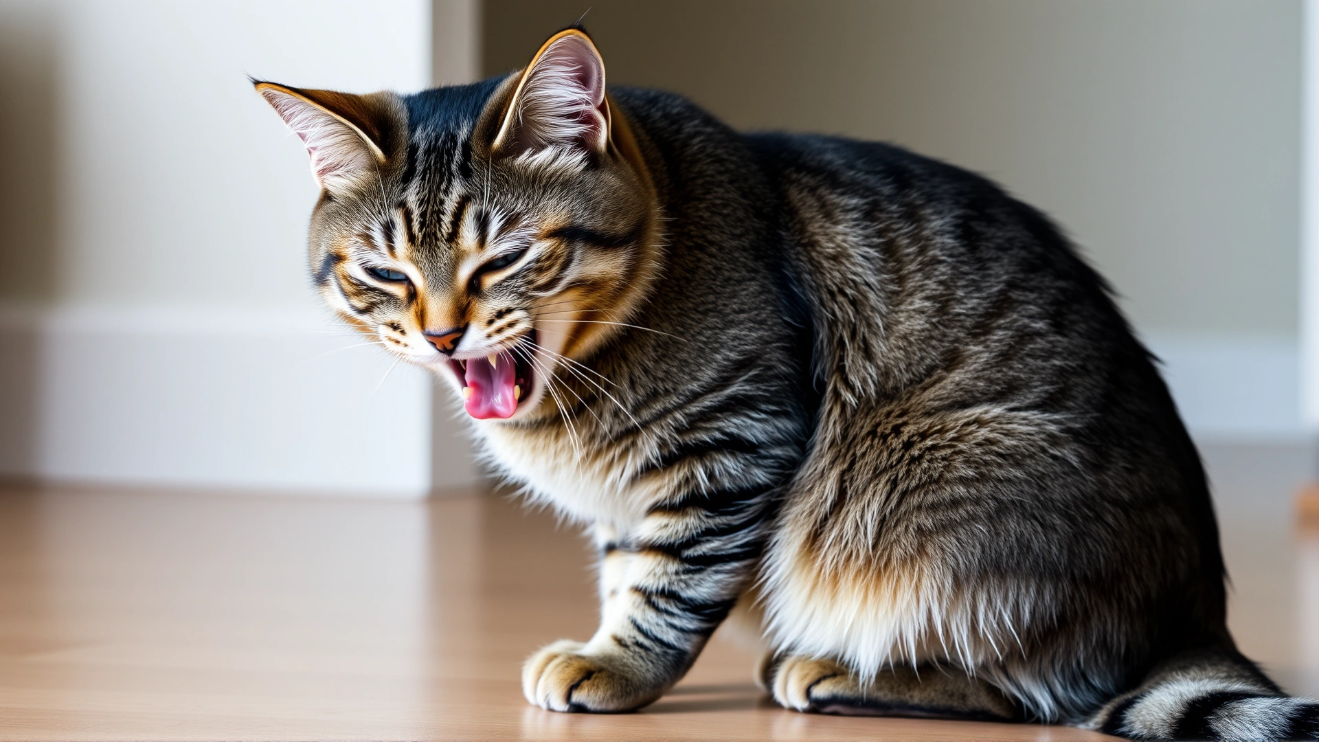 Grey tabby cat sitting with mouth slightly open and rapid breathing, looking distressed, against a neutral indoor background.