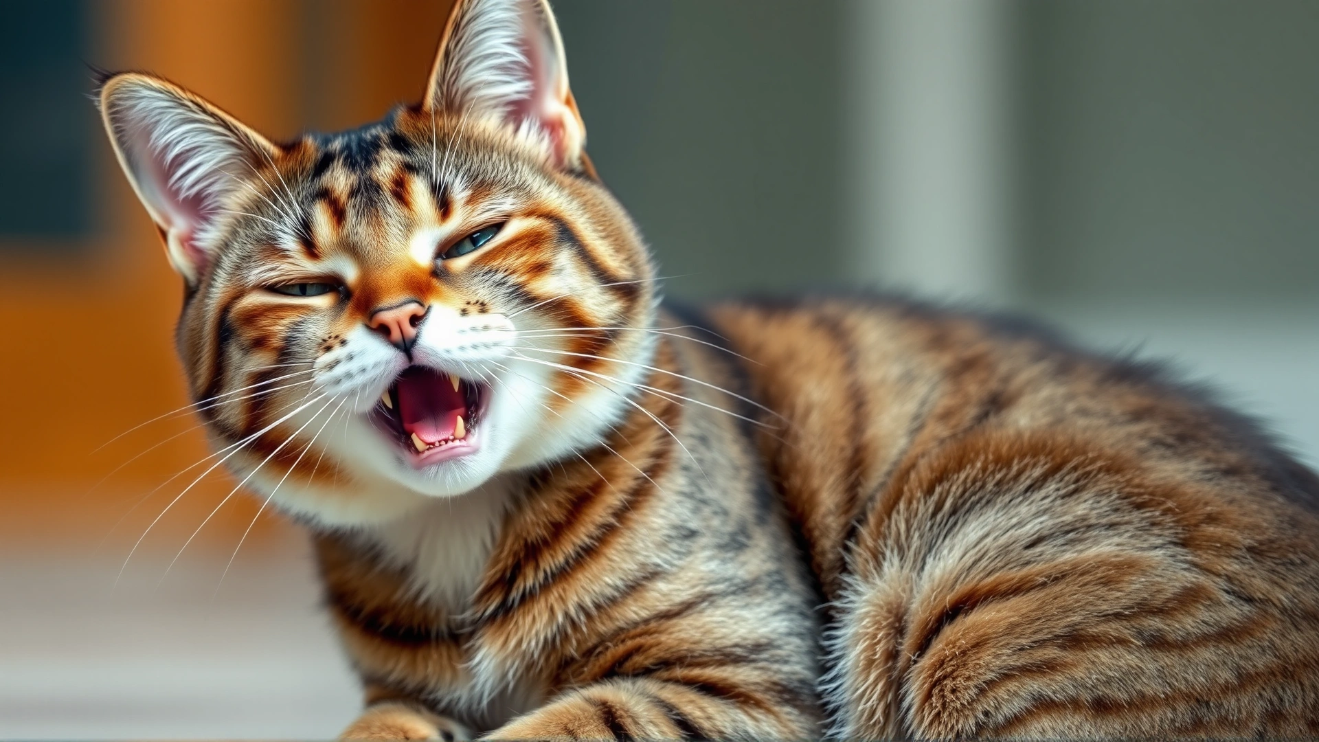 Photograph of a tabby cat sitting and breathing with mouth open, appearing distressed, shallow depth of field