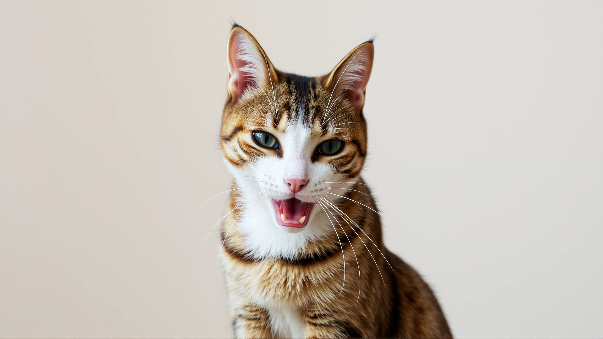 A domestic cat sitting with mouth slightly open and neck extended, appearing to breathe heavily, neutral background.