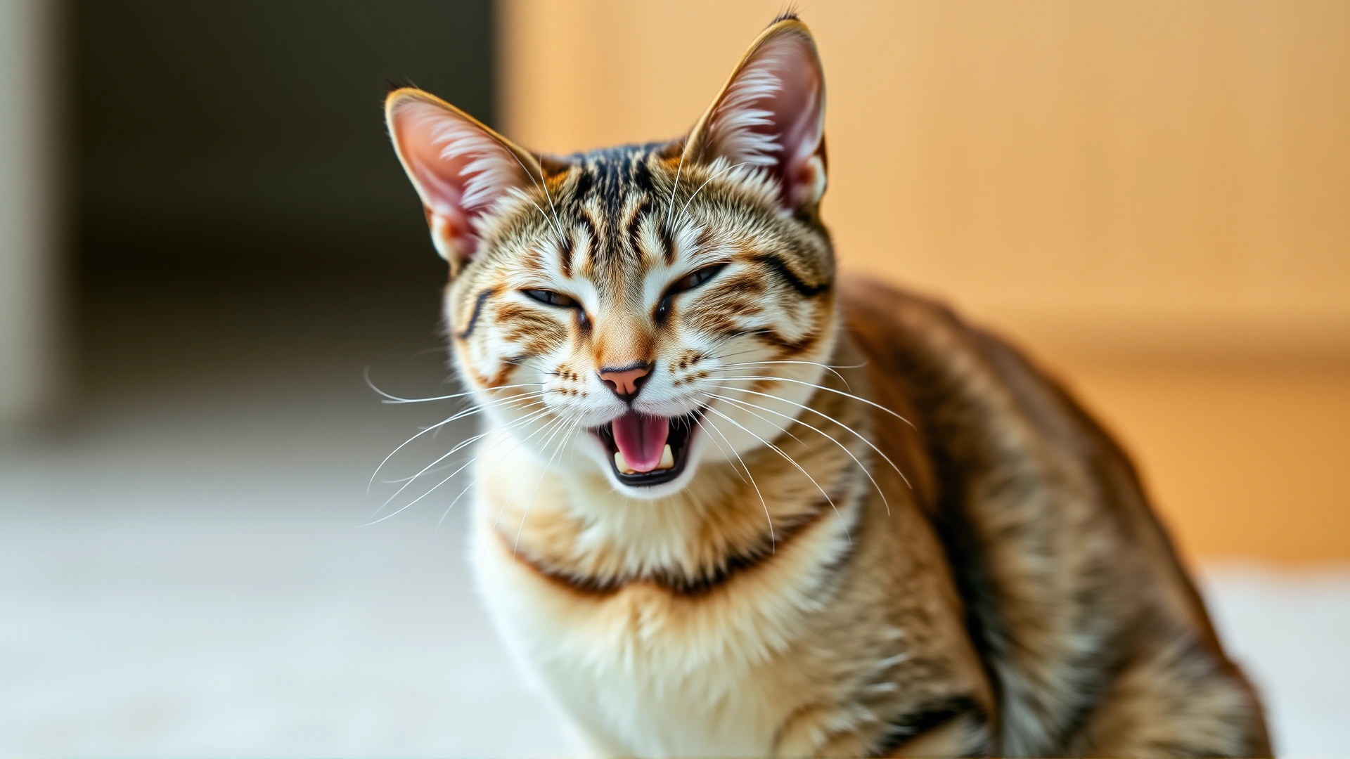 A domestic short-haired cat sitting with mouth slightly open, showing signs of labored breathing; neutral indoor background, emphasized chest movement.