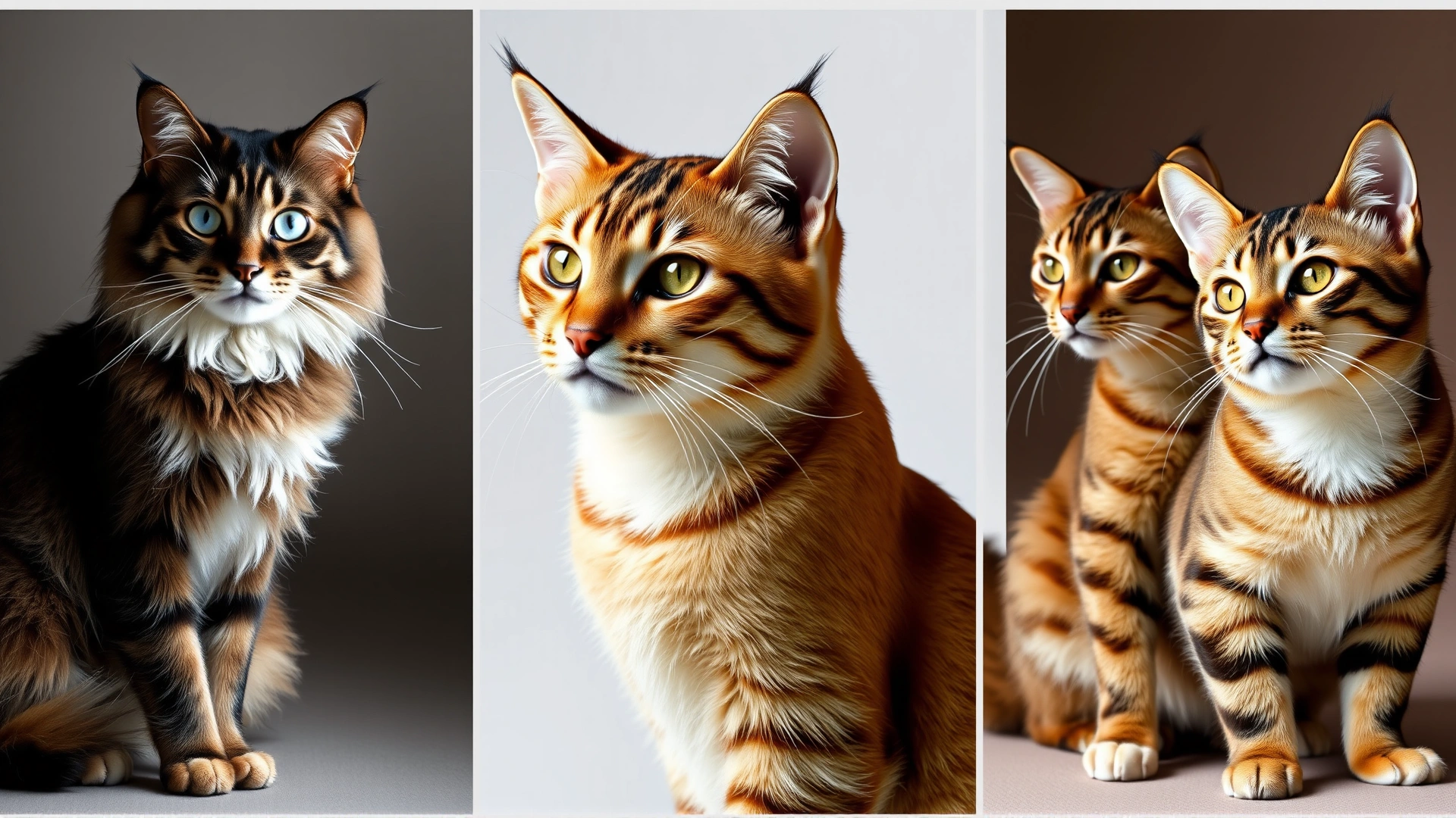 Side-by-side portrait shots of five different cat breeds known to like water (Turkish Van, Maine Coon, Norwegian Forest, Bengal, Abyssinian) against neutral backgrounds, merged into a tasteful collage without text.