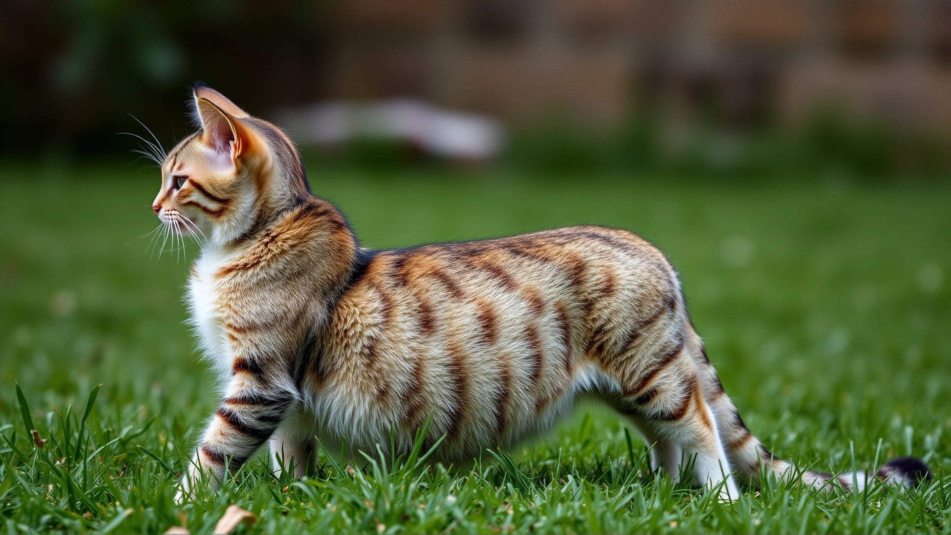 Tasteful side-view of male and female cats during mounting outdoors on grass, no explicit anatomy, natural lighting.