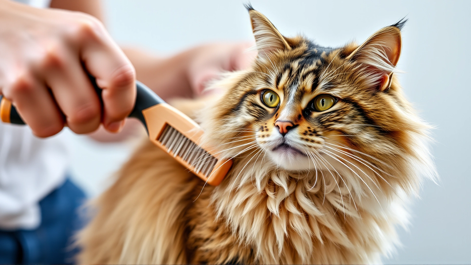 Owner brushing a long-haired cat with a slicker brush, loose hair visible.
