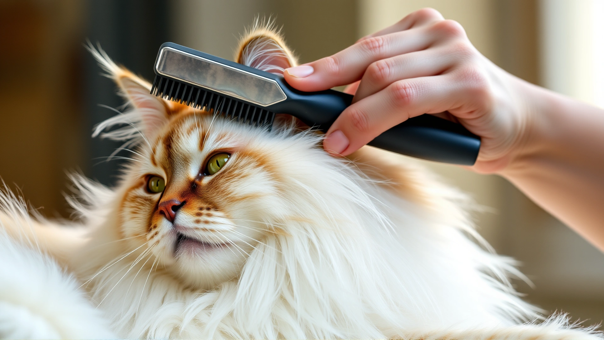 Human hand using a slicker brush to groom a long-haired cat, loose fur visible in brush