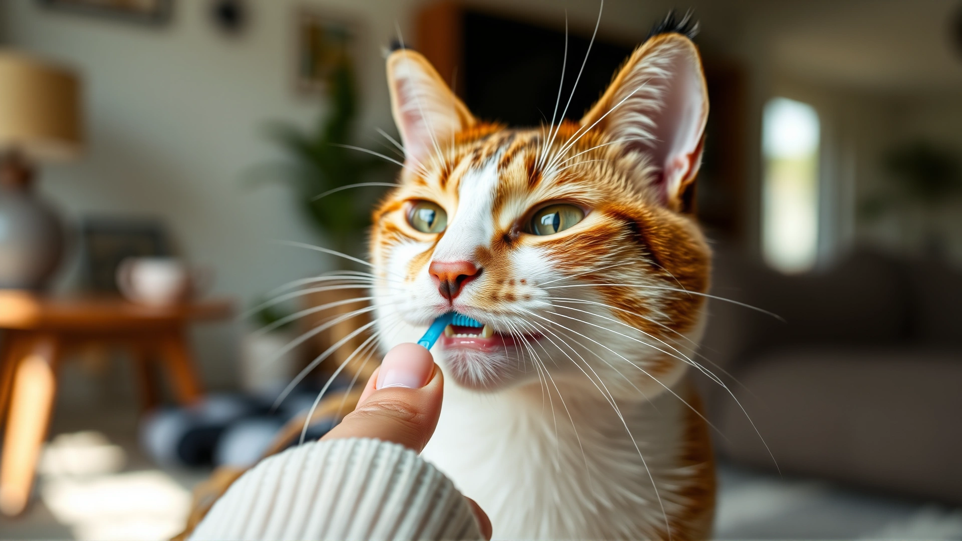 Close-up of a person’s hand using a small toothbrush to clean a calico cat’s teeth at home, cozy living room background, natural light.