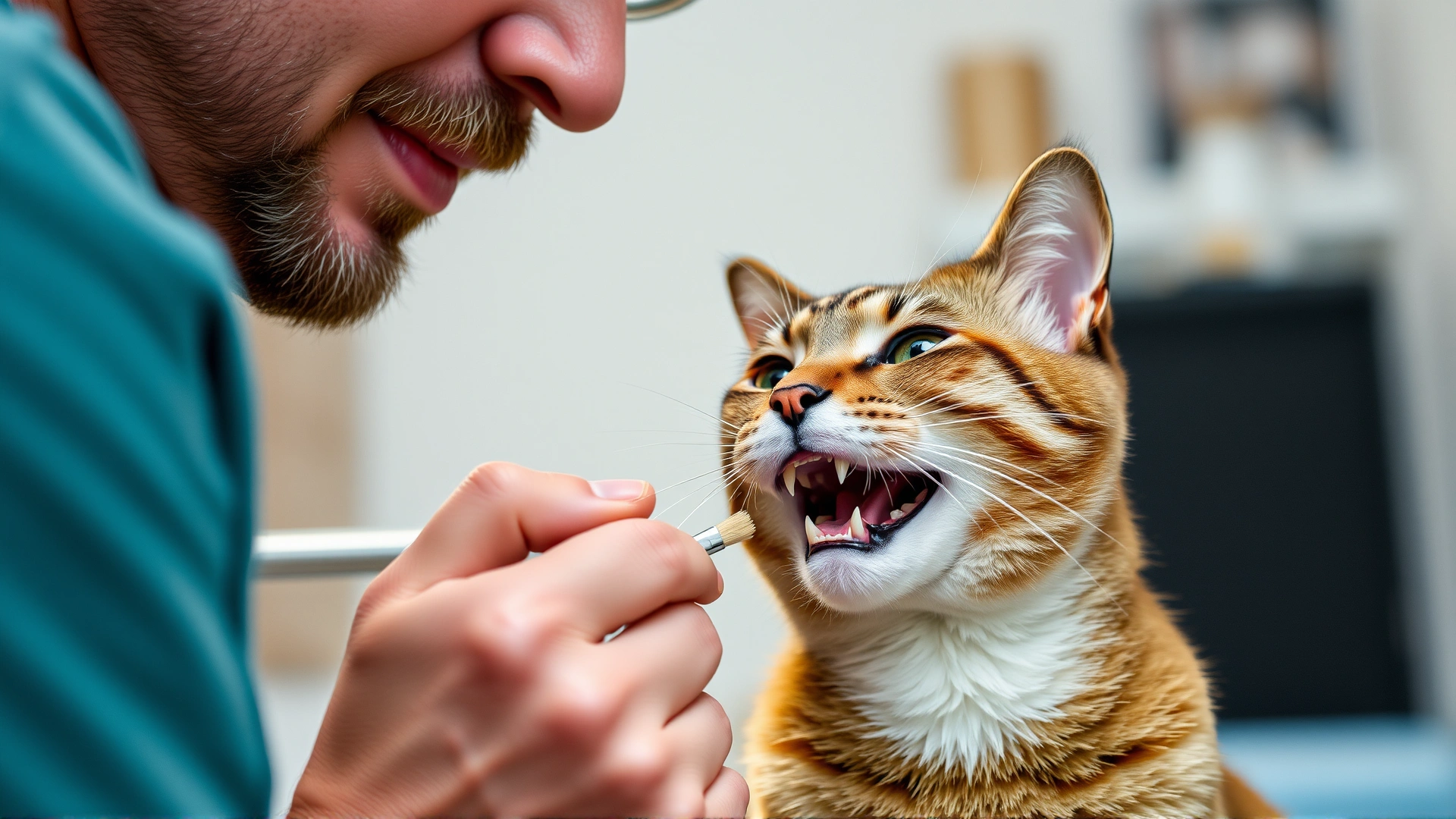 Owner gently brushing a calm cat's teeth with a small finger brush in a well-lit room
