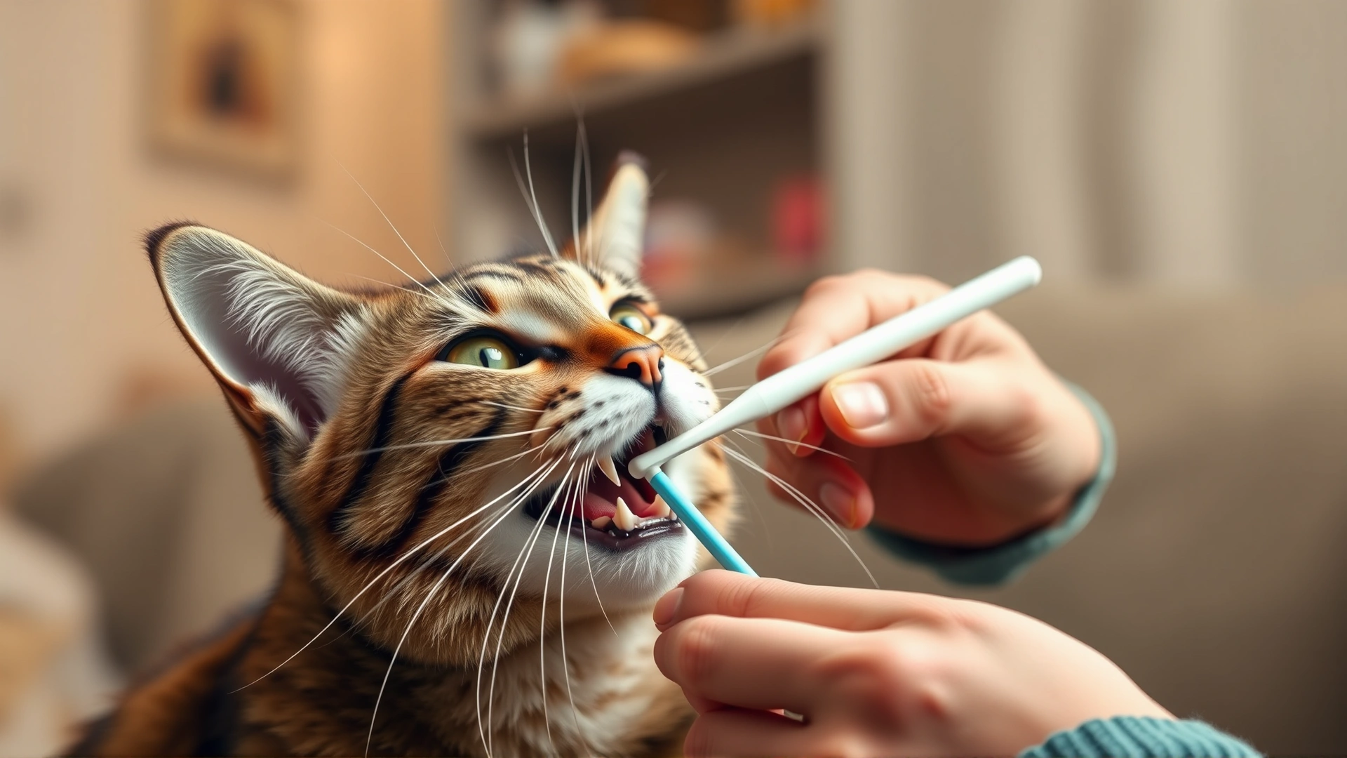 Pet owner gently brushing a tabby cat's teeth at home using a finger toothbrush, cozy home setting, soft lighting