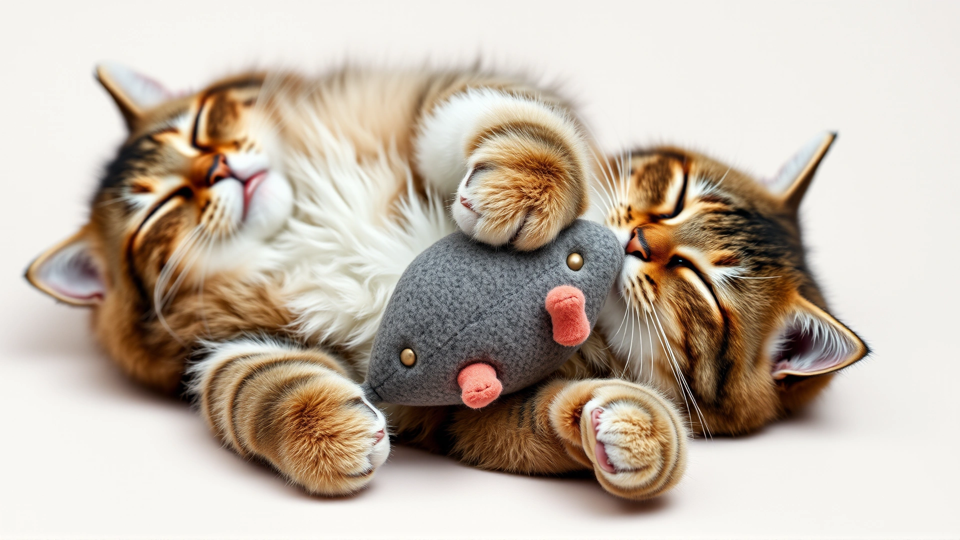 Domestic short-haired cat lying on its back gripping a stuffed mouse toy and vigorously kicking it with hind legs.