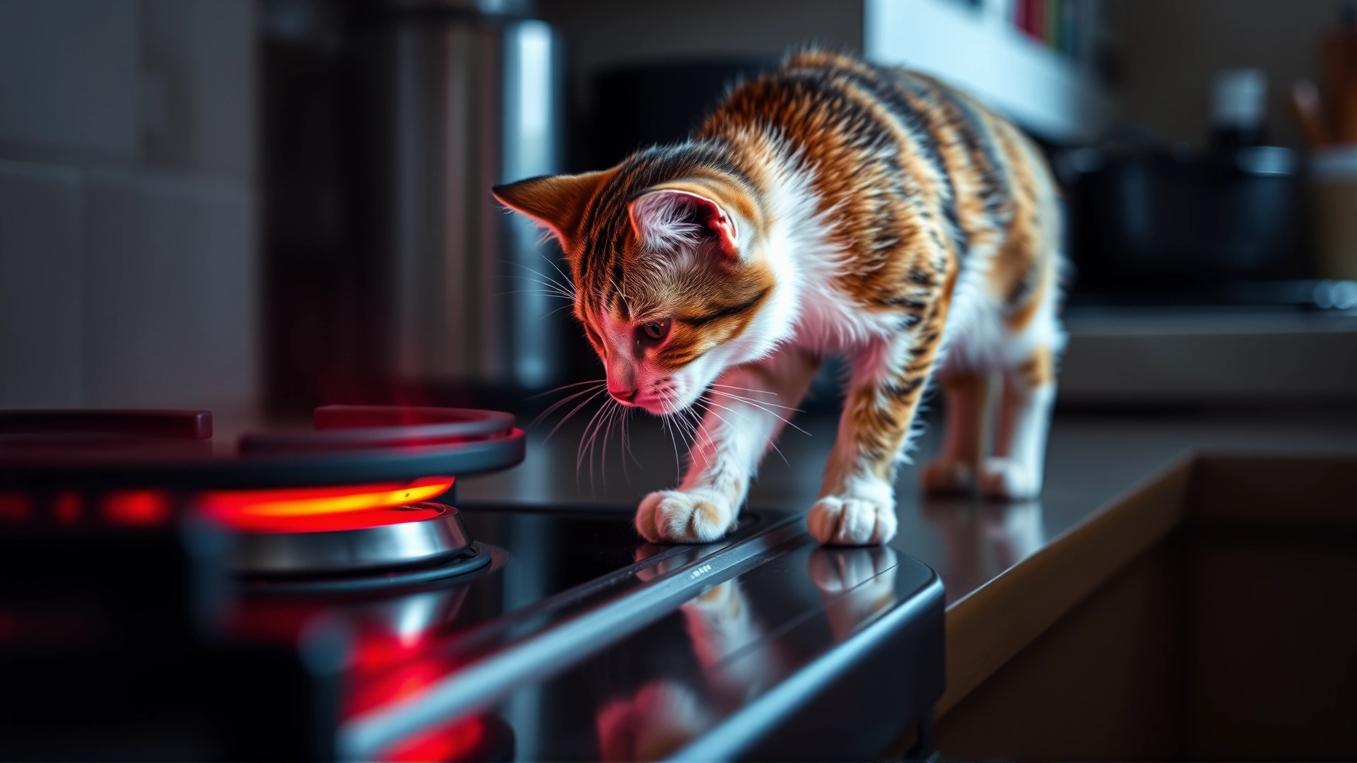 Curious cat stepping near a hot stove burner with a faint red glow, kitchen setting, dramatic lighting to illustrate risk of thermal burns.