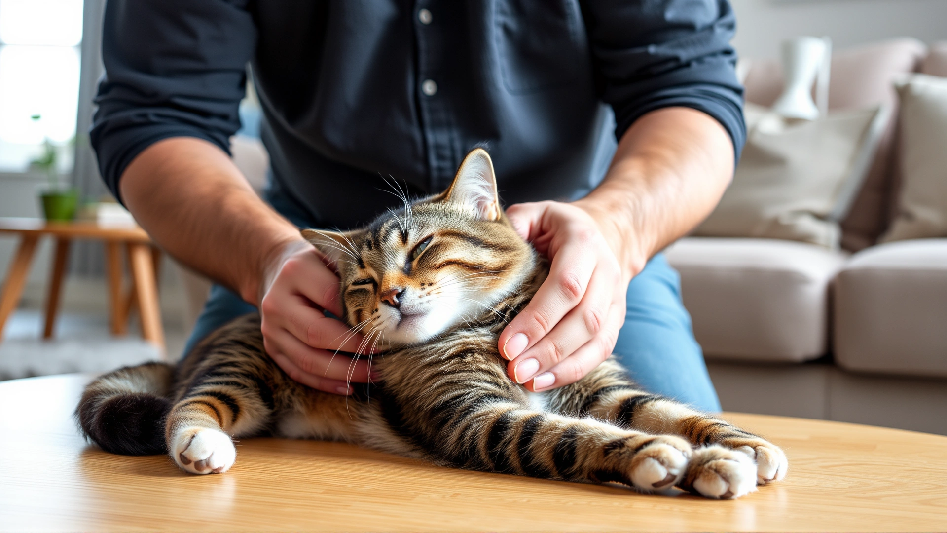 Owner softly brushing a disabled cat in a cozy living room, focus on caring hands and relaxed cat, natural daylight