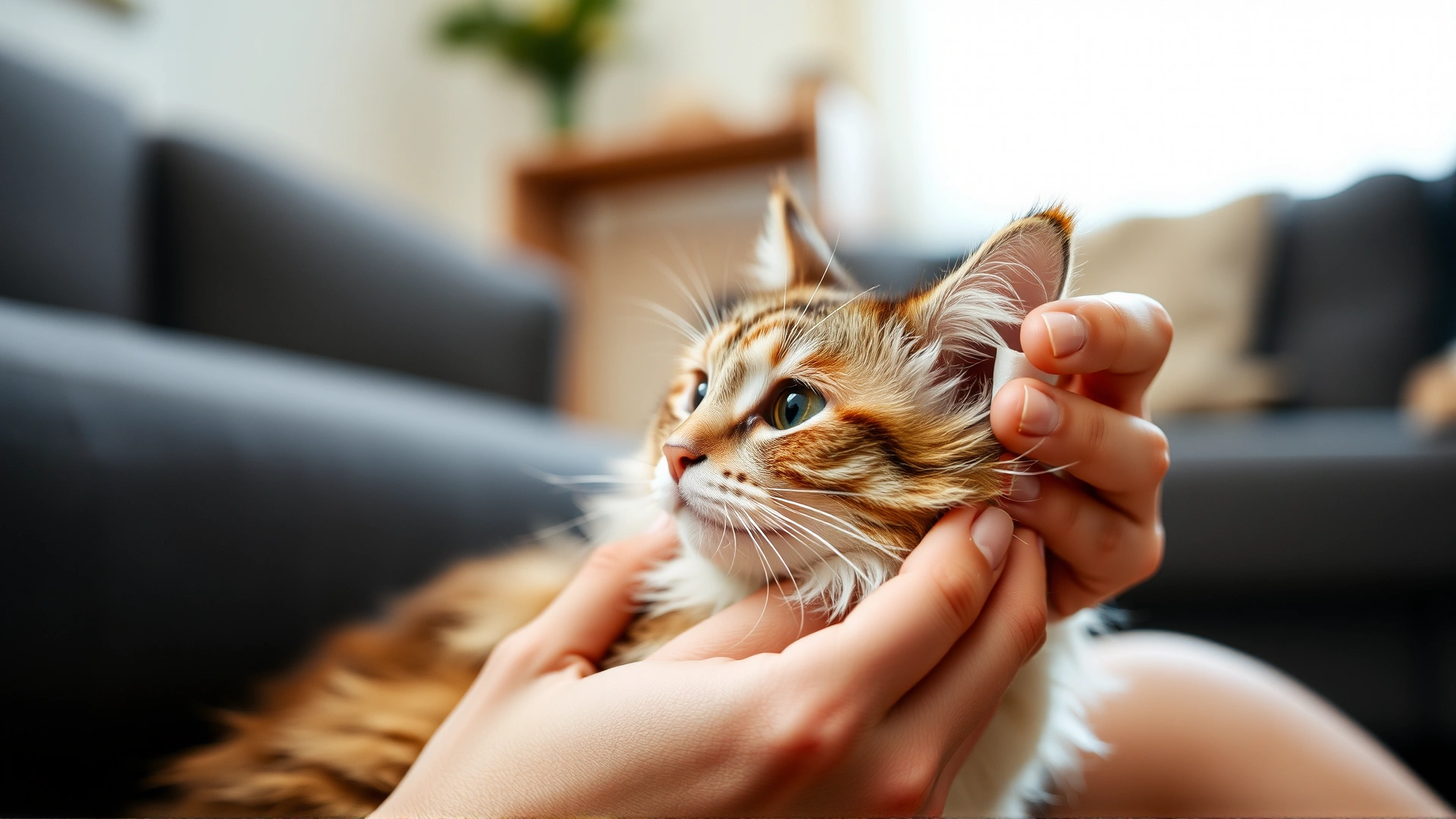 Cozy lifestyle photo of a pet owner gently cleaning a fluffy cat’s ear with a cotton pad at home, warm ambient lighting.