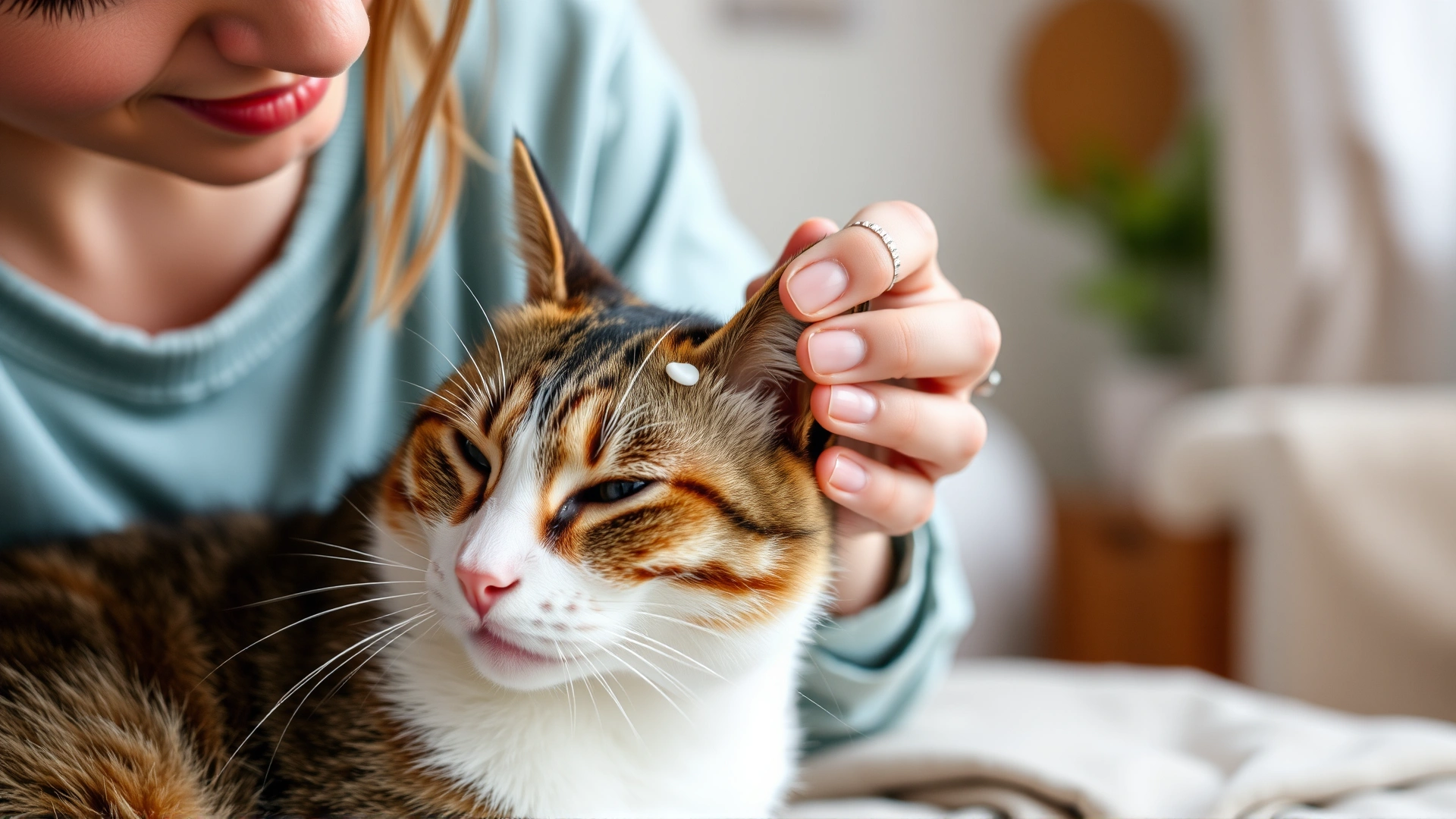 Cat owner applying a soothing topical cream to a calm cat's ear in a cozy home environment, demonstrating at-home skincare routine.