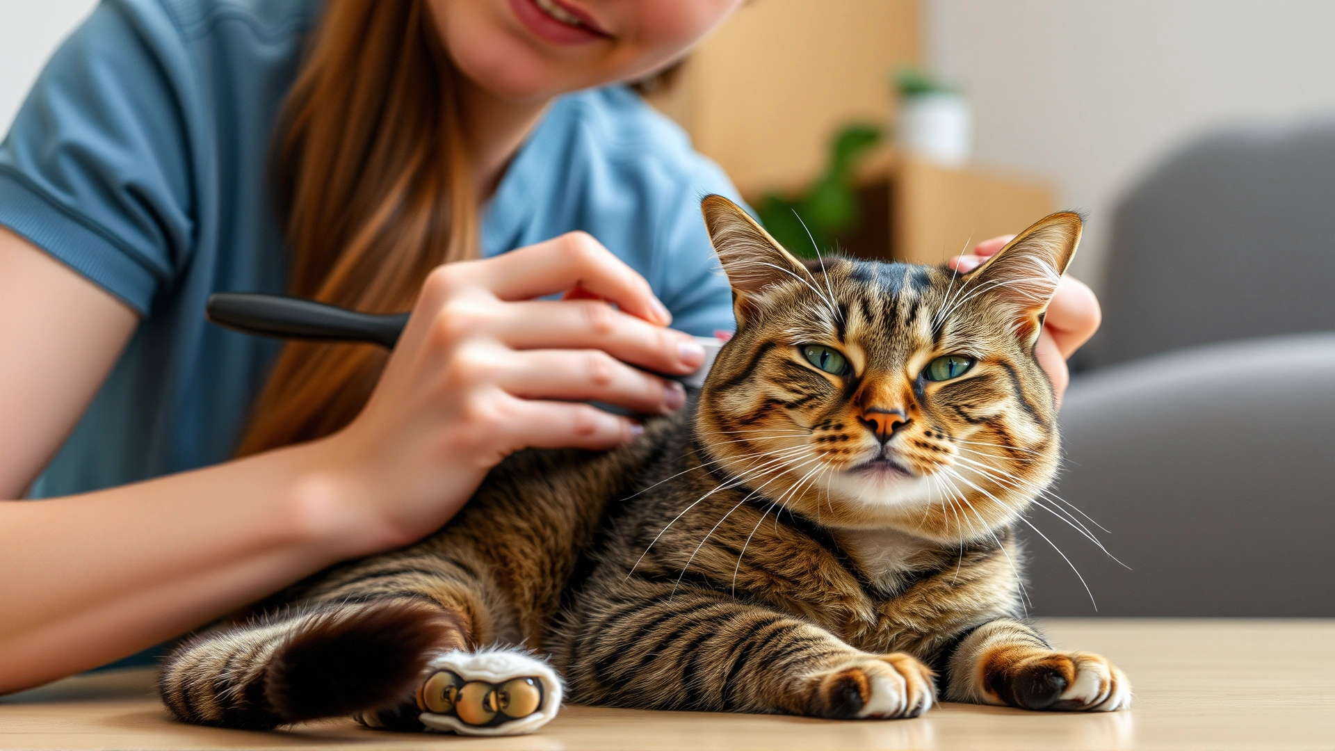 A young woman gently brushing her relaxed cat at home, symbolizing regular health checks and preventive care.