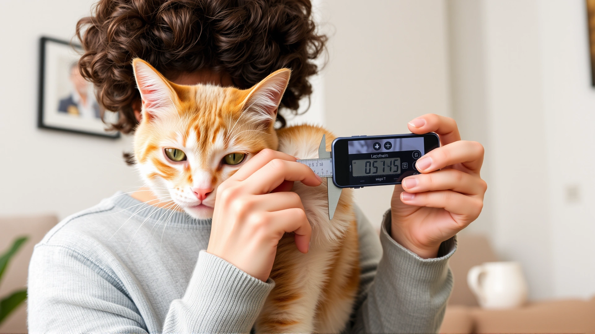 Cat owner using a digital caliper to measure a small lump on their cat’s shoulder while taking a photo with a smartphone, home setting