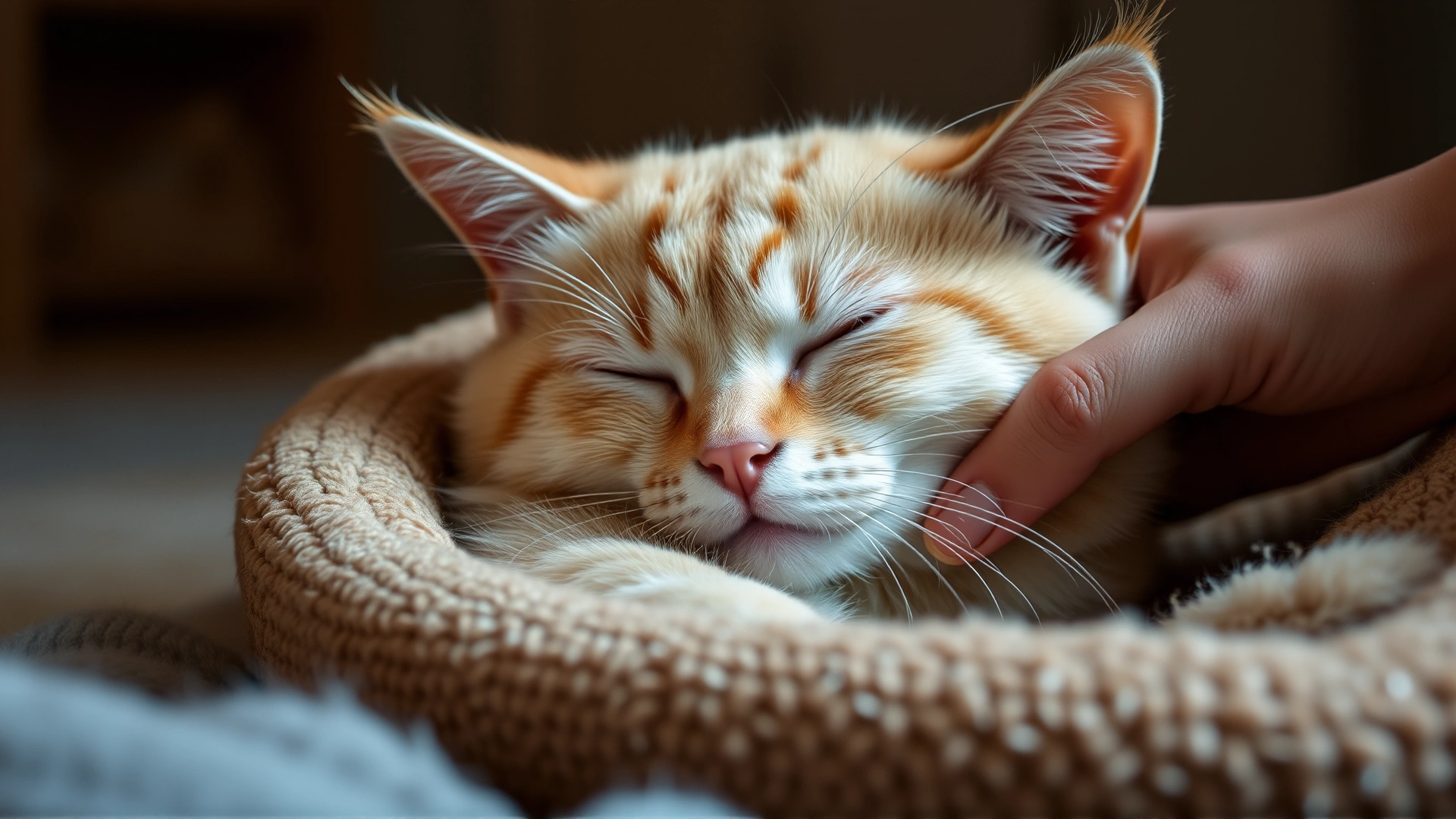A relaxed light-colored cat resting in a cozy cat bed at home with a human hand petting it, warm ambient lighting