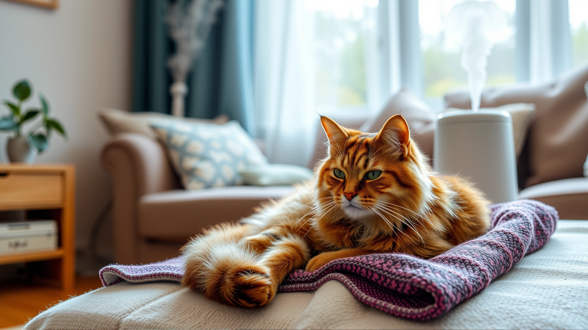 Cozy living room scene with a cat resting on a blanket near a cool-mist humidifier, symbolizing at-home supportive care