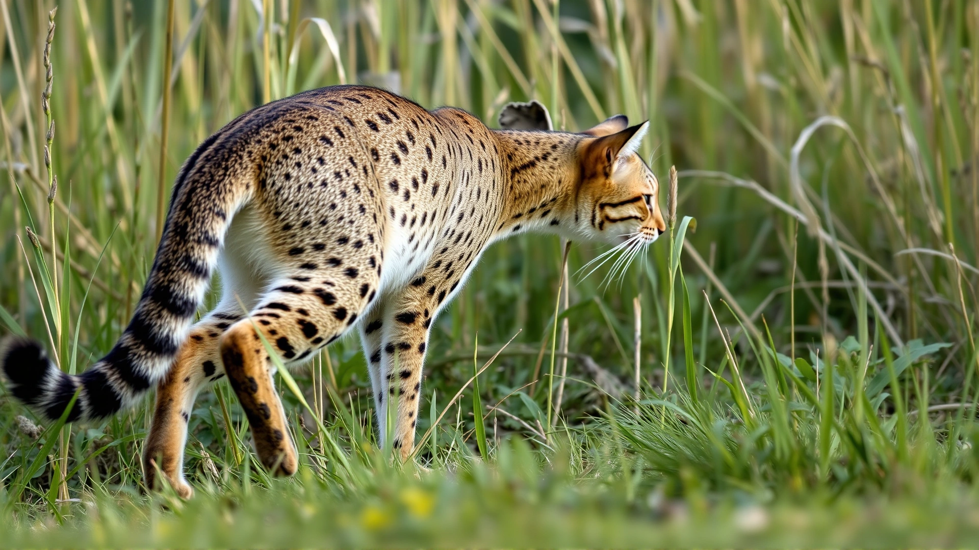 Side view of a lean, athletic cat stalking through tall grass in daylight, illustrating its natural hunting instinct and carnivorous nature.
