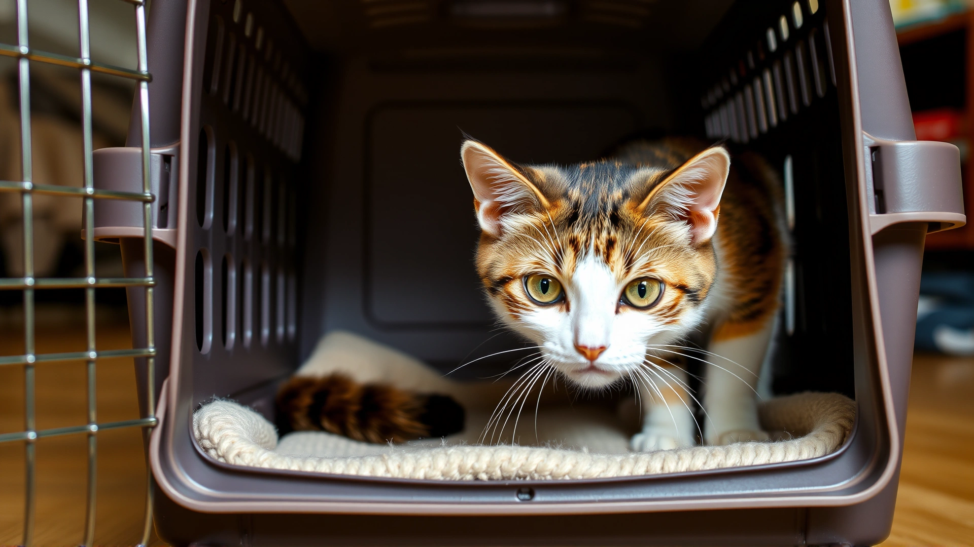 An open cat carrier with cozy bedding inside; a curious cat sniffing around to demonstrate carrier training at home