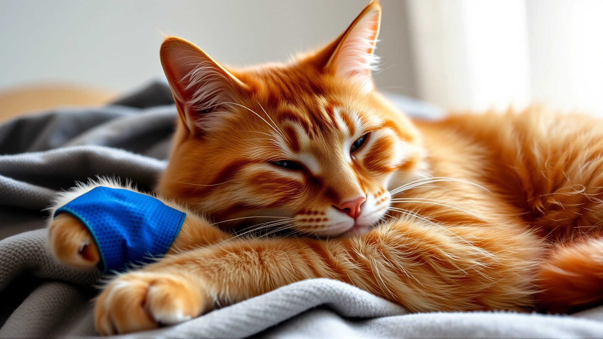 Candid shot of an orange tabby cat resting comfortably at home with a bright blue cast on its front paw, laying on a soft blanket.