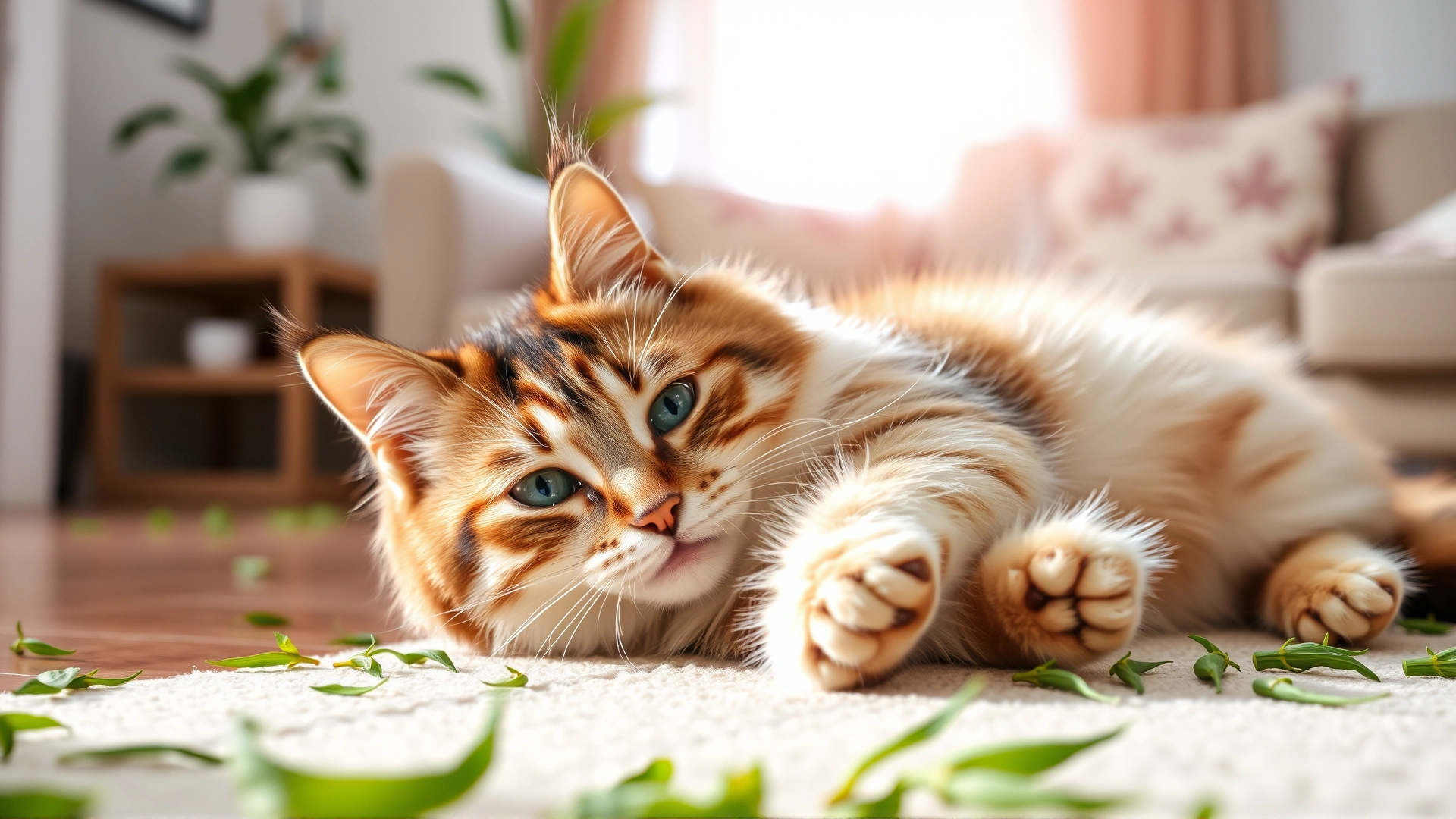 Playful cat rolling on the floor with fresh catnip leaves scattered around, bright living room setting