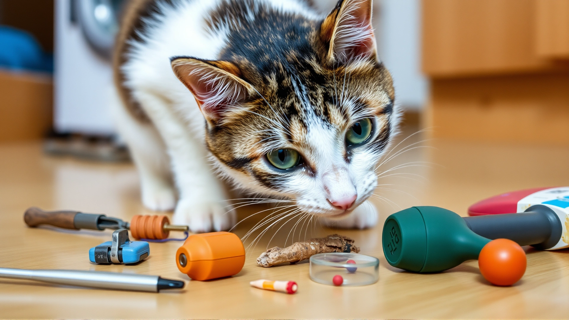 Photo of a curious domestic cat sniffing at various household objects on a floor, representing potential sources of trauma or foreign bodies