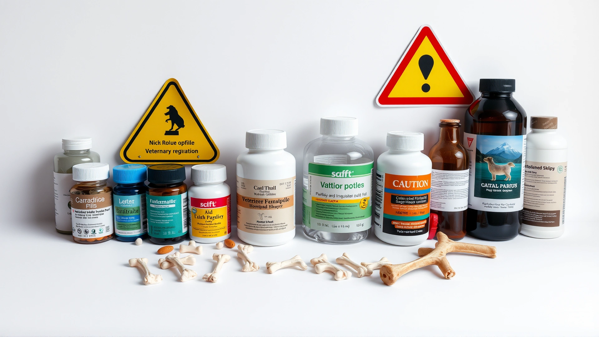 Conceptual flat-lay: assortment of veterinary pill bottles, household cleaners, and small bones arranged next to a caution sign, white background.