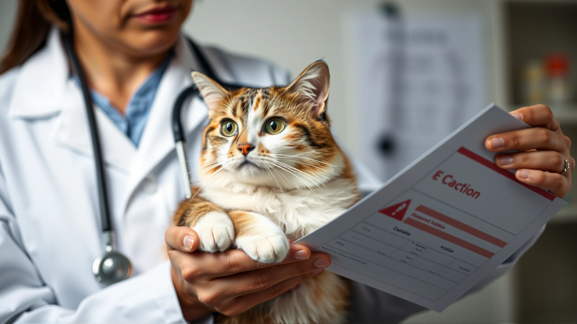 Concerned veterinarian holding a domestic short-haired cat while reviewing medication chart, emphasizing caution in cats