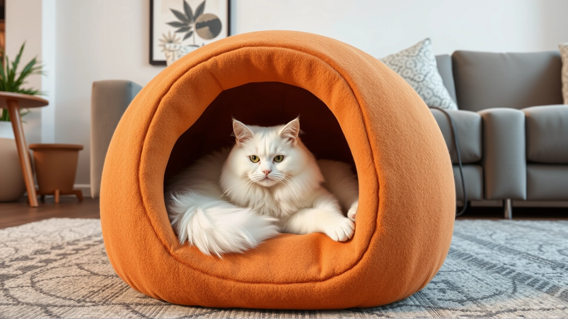 Modern felt cat cave in a stylish living room, with a white fluffy cat lounging inside, demonstrating alternative hideouts.