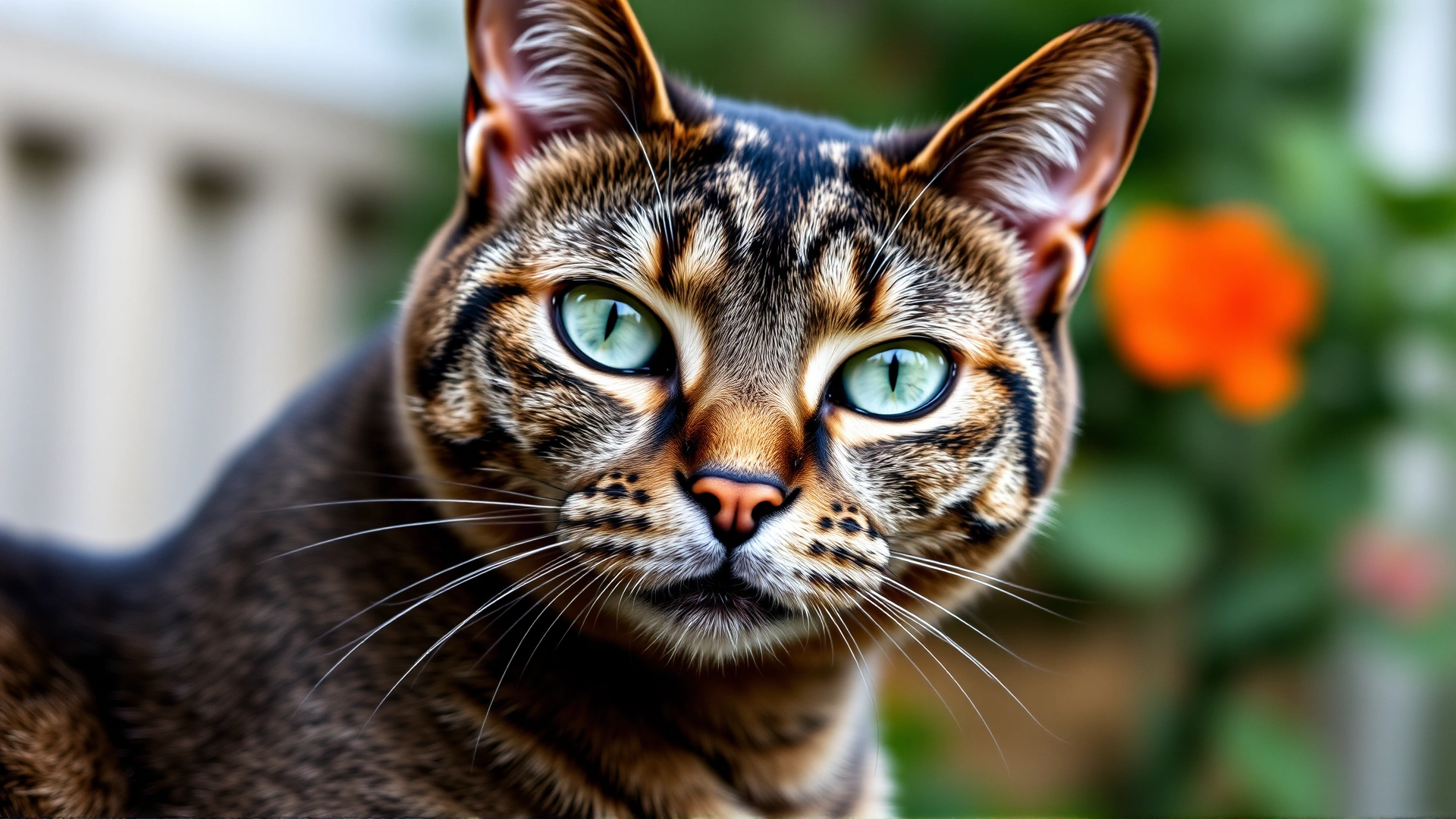 Close-up portrait of a muscular European Shorthair cat showing its round face and green eyes, blurred garden background